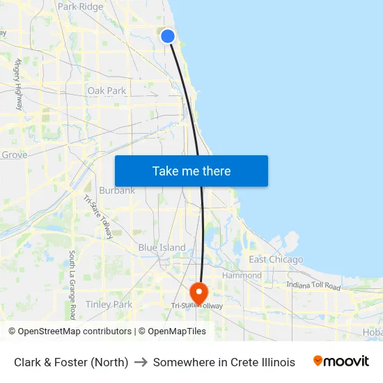 Clark & Foster (North) to Somewhere in Crete Illinois map