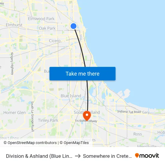 Division & Ashland (Blue Line) (East) to Somewhere in Crete Illinois map