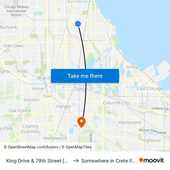 King Drive & 79th Street (North) to Somewhere in Crete Illinois map
