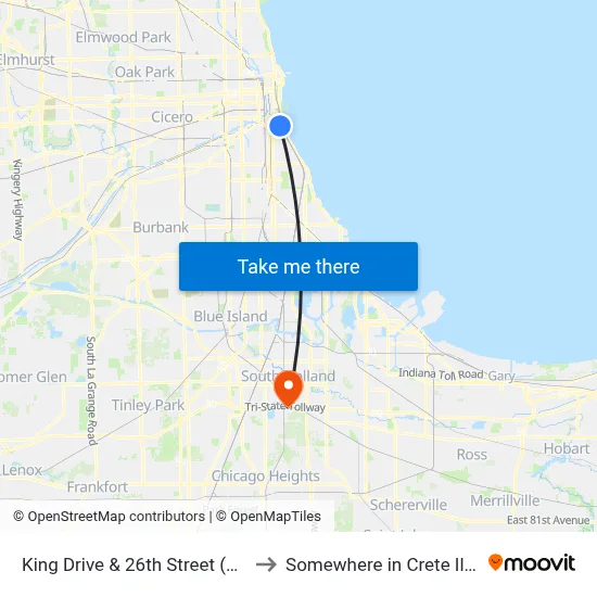 King Drive & 26th Street (South) to Somewhere in Crete Illinois map
