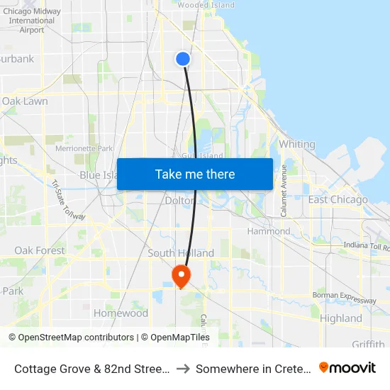 Cottage Grove & 82nd Street (North) to Somewhere in Crete Illinois map