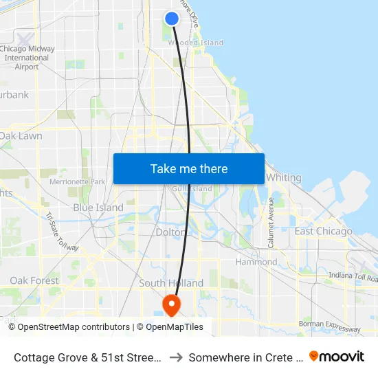 Cottage Grove & 51st Street (North) to Somewhere in Crete Illinois map