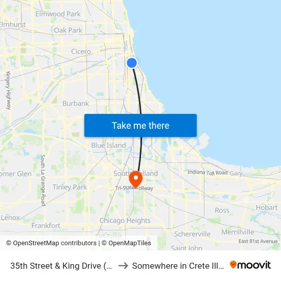 35th Street & King Drive (East) to Somewhere in Crete Illinois map