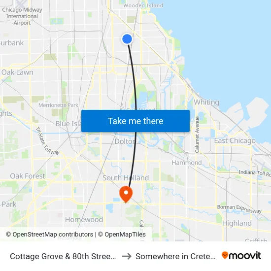 Cottage Grove & 80th Street (South) to Somewhere in Crete Illinois map