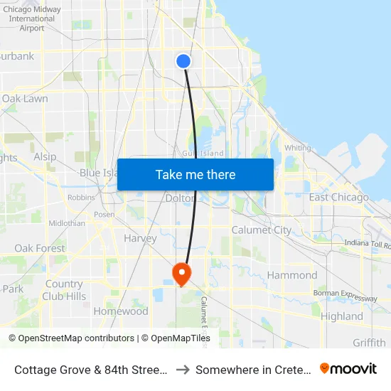 Cottage Grove & 84th Street (South) to Somewhere in Crete Illinois map