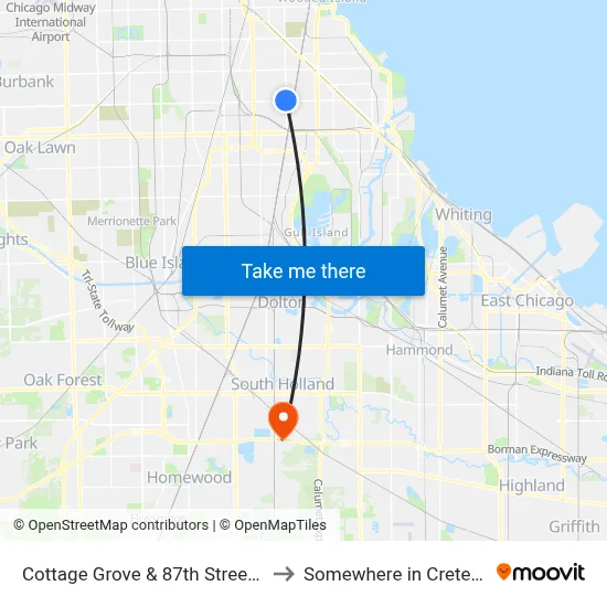 Cottage Grove & 87th Street (South) to Somewhere in Crete Illinois map