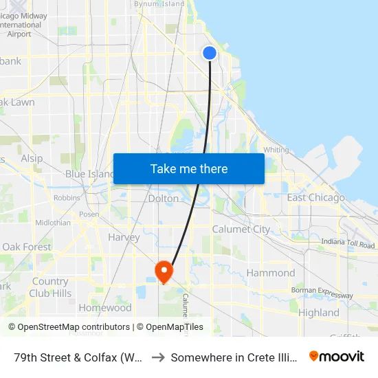79th Street & Colfax (West) to Somewhere in Crete Illinois map