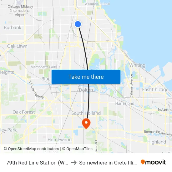 79th Red Line Station (West) to Somewhere in Crete Illinois map