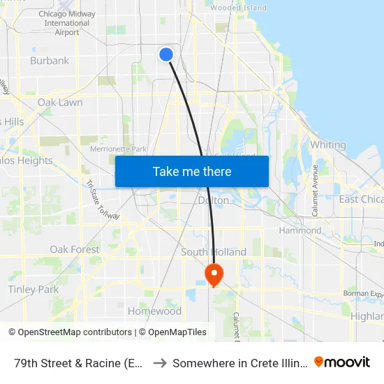 79th Street & Racine (East) to Somewhere in Crete Illinois map