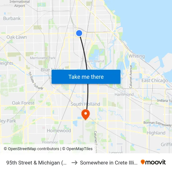 95th Street & Michigan (East) to Somewhere in Crete Illinois map