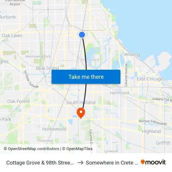Cottage Grove & 98th Street (North) to Somewhere in Crete Illinois map