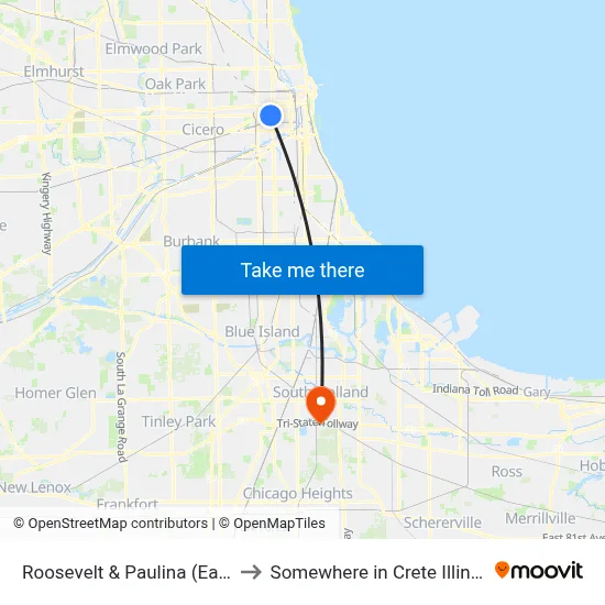 Roosevelt & Paulina (East) to Somewhere in Crete Illinois map