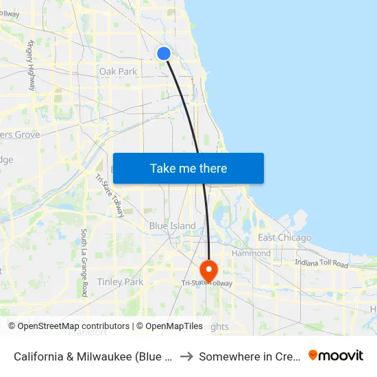California & Milwaukee (Blue Line) (South) to Somewhere in Crete Illinois map