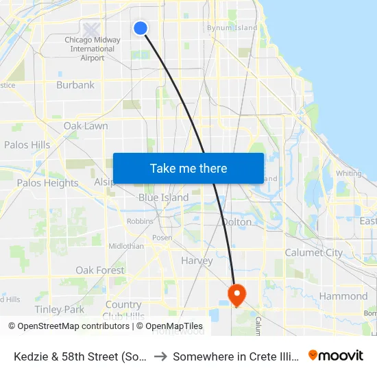Kedzie & 58th Street (South) to Somewhere in Crete Illinois map