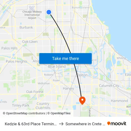 Kedzie & 63rd Place Terminal (East) to Somewhere in Crete Illinois map