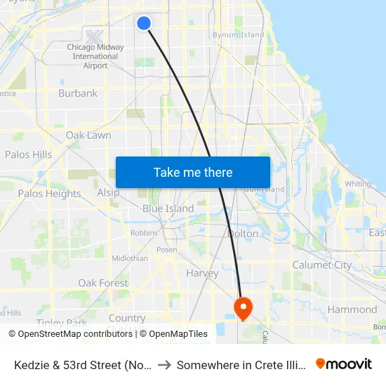 Kedzie & 53rd Street (North) to Somewhere in Crete Illinois map