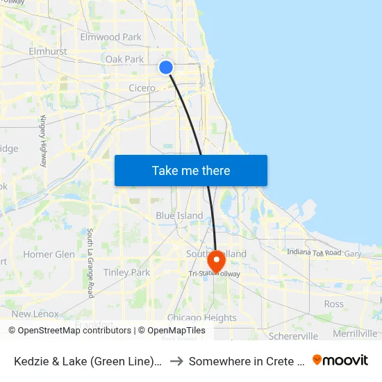 Kedzie & Lake (Green Line) (North) to Somewhere in Crete Illinois map