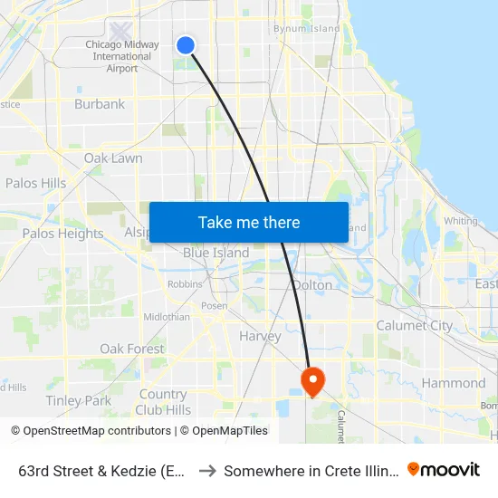 63rd Street & Kedzie (East) to Somewhere in Crete Illinois map