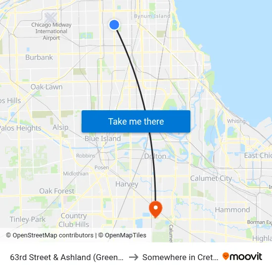 63rd Street & Ashland (Green Line) (East) to Somewhere in Crete Illinois map