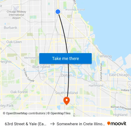 63rd Street & Yale (East) to Somewhere in Crete Illinois map
