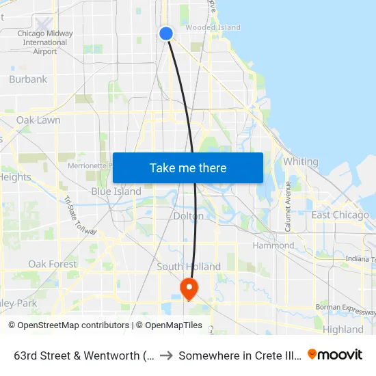 63rd Street & Wentworth (East) to Somewhere in Crete Illinois map