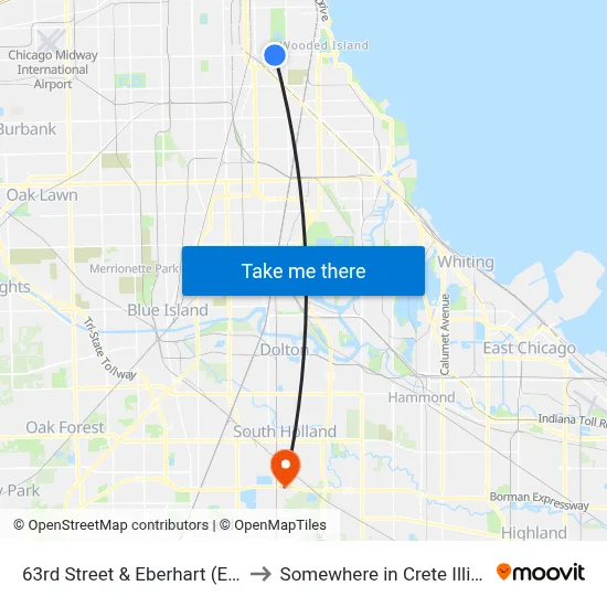 63rd Street & Eberhart (East) to Somewhere in Crete Illinois map