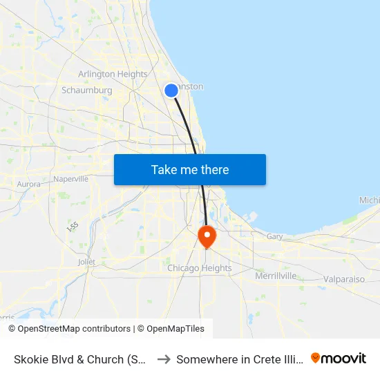 Skokie Blvd & Church (South) to Somewhere in Crete Illinois map