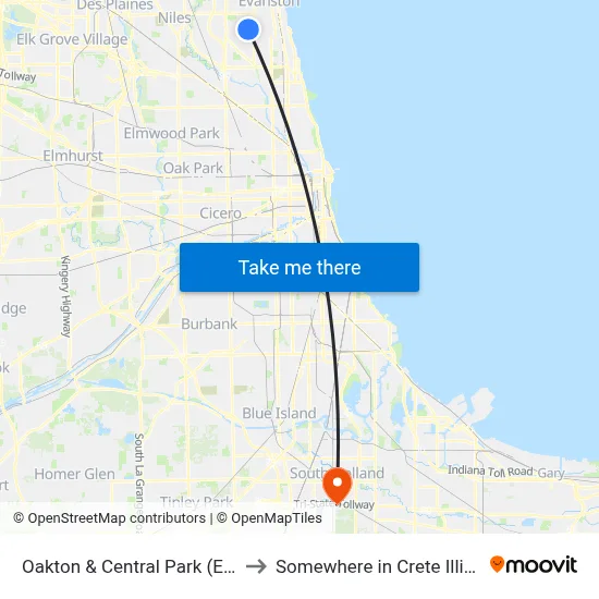 Oakton & Central Park (East) to Somewhere in Crete Illinois map