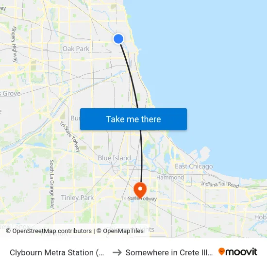 Clybourn Metra Station (West) to Somewhere in Crete Illinois map
