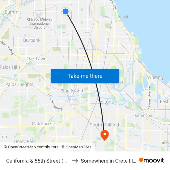 California & 55th Street (North) to Somewhere in Crete Illinois map