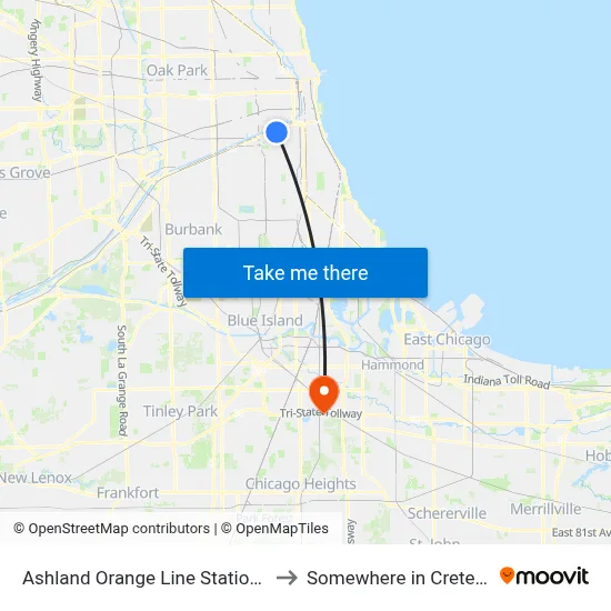 Ashland Orange Line Station (North) to Somewhere in Crete Illinois map