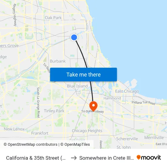 California & 35th Street (North) to Somewhere in Crete Illinois map