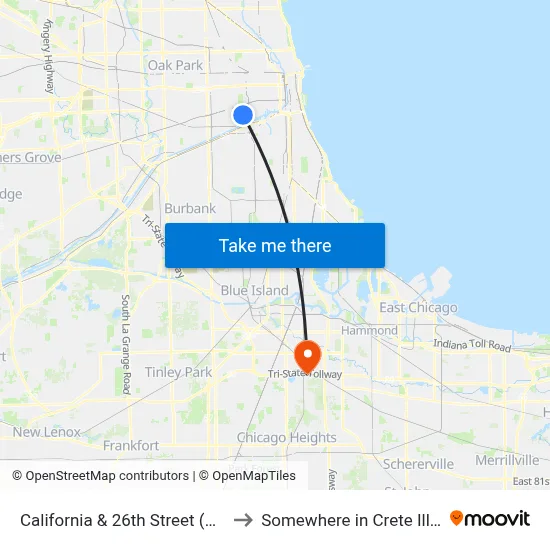 California & 26th Street (North) to Somewhere in Crete Illinois map