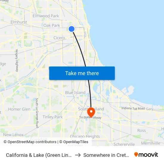 California & Lake (Green Line) (North) to Somewhere in Crete Illinois map