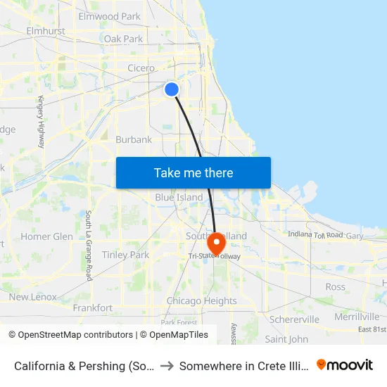 California & Pershing (South) to Somewhere in Crete Illinois map
