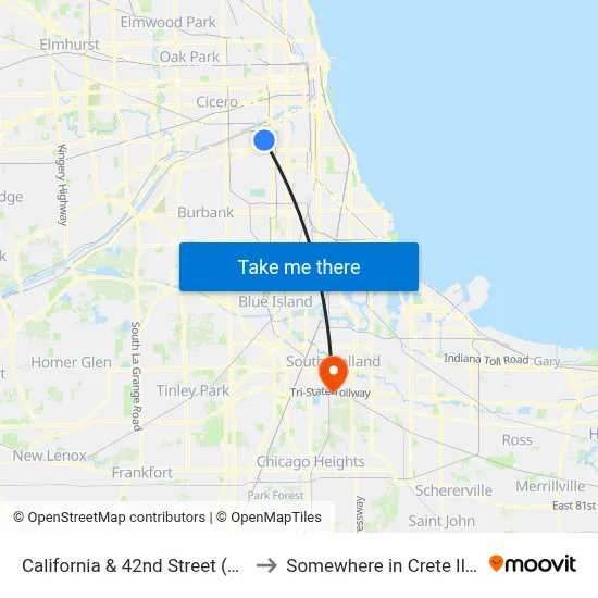 California & 42nd Street (South) to Somewhere in Crete Illinois map