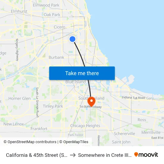 California & 45th Street (South) to Somewhere in Crete Illinois map