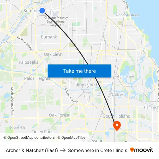 Archer & Natchez (East) to Somewhere in Crete Illinois map
