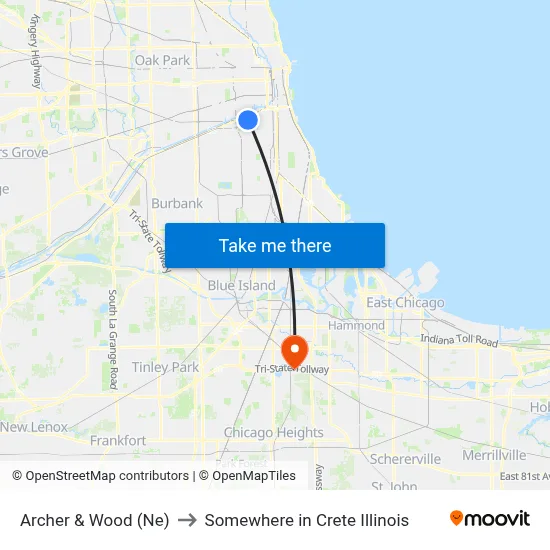 Archer & Wood (Ne) to Somewhere in Crete Illinois map