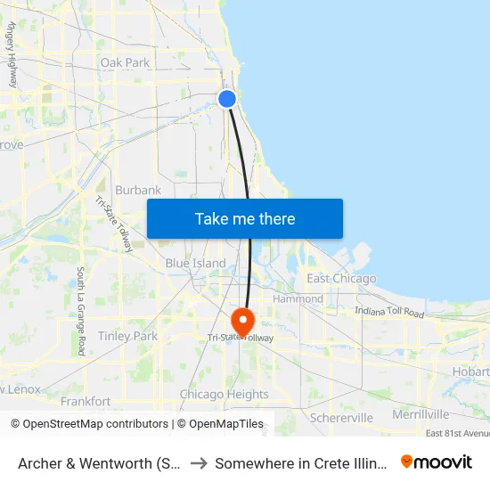 Archer & Wentworth (Sw) to Somewhere in Crete Illinois map