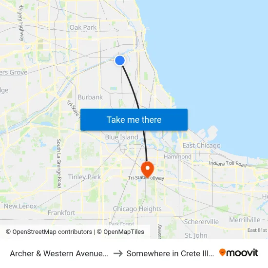 Archer & Western Avenue (Sw) to Somewhere in Crete Illinois map