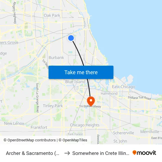 Archer & Sacramento (Sw) to Somewhere in Crete Illinois map