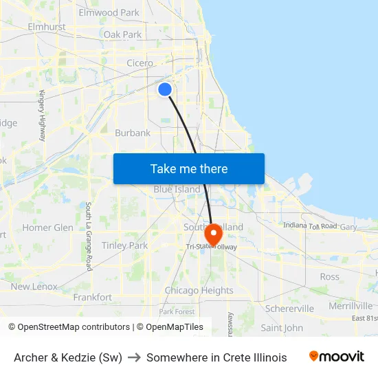 Archer & Kedzie (Sw) to Somewhere in Crete Illinois map