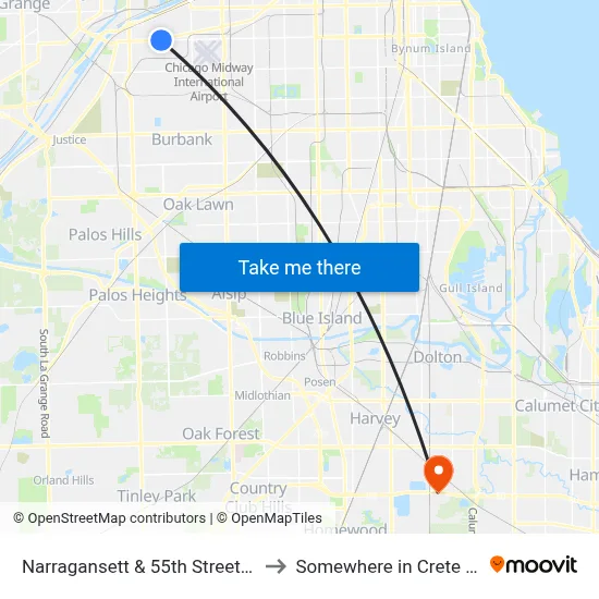 Narragansett & 55th Street (North) to Somewhere in Crete Illinois map