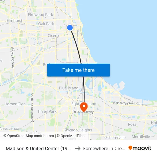 Madison & United Center (1900 W) (West) to Somewhere in Crete Illinois map