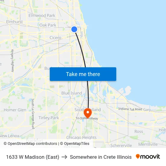 1633 W Madison (East) to Somewhere in Crete Illinois map