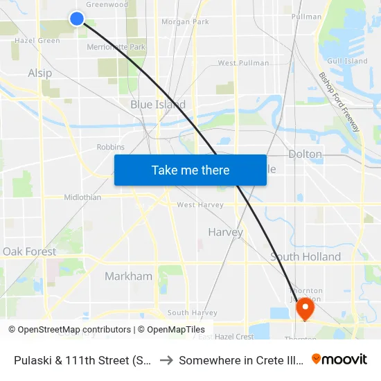 Pulaski & 111th Street (South) to Somewhere in Crete Illinois map