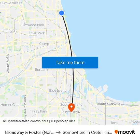 Broadway & Foster (North) to Somewhere in Crete Illinois map
