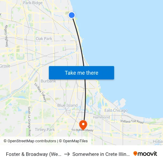 Foster & Broadway (West) to Somewhere in Crete Illinois map