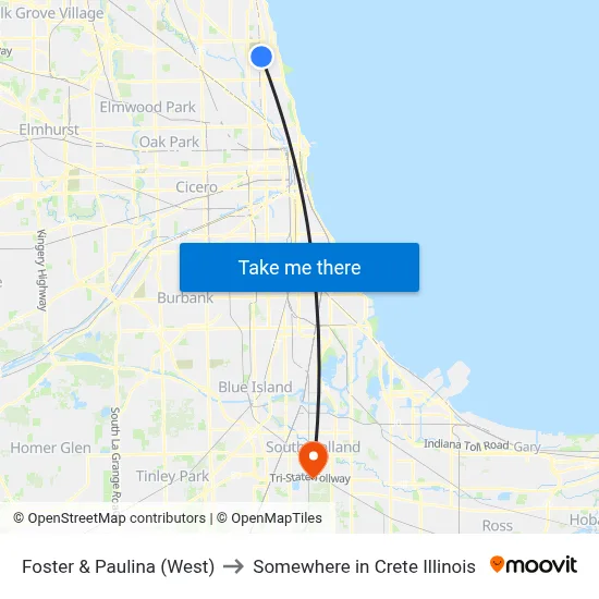Foster & Paulina (West) to Somewhere in Crete Illinois map